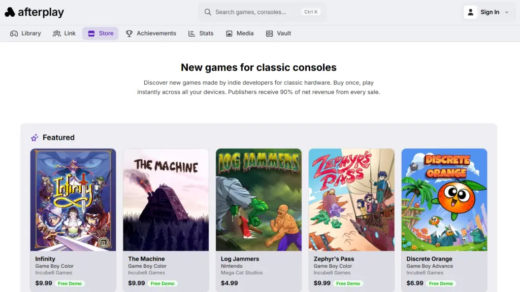 Afterplay Store offers indie retro games for GBA, Game Boy Color, and Sega Genesis.
