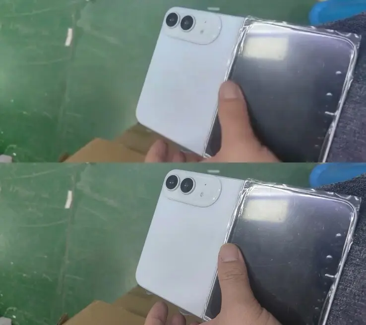 Leaked white dummy of the Apple iPhone Ultra foldable smartphone showing dual screens and a curvy design.
