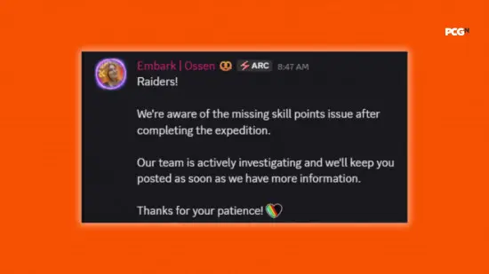 Embark Studios confirms missing skill points bug in Arc Raiders