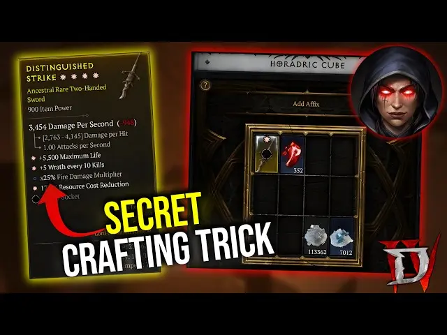 Diablo 4 Horadric Cube crafting interface with item affixes