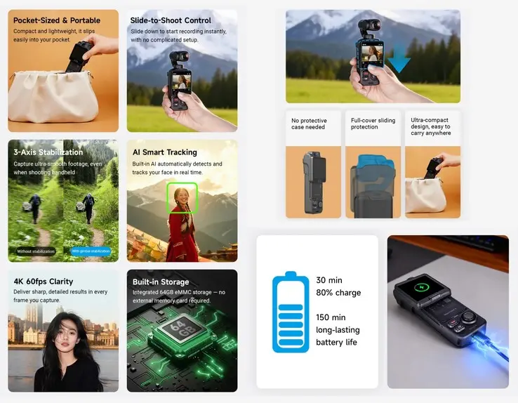 Feiyu Pocket 4 gimbal camera with rotatable touchscreen