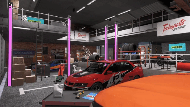 Forza Horizon 6 garage replica with neon lights and workshop decorations