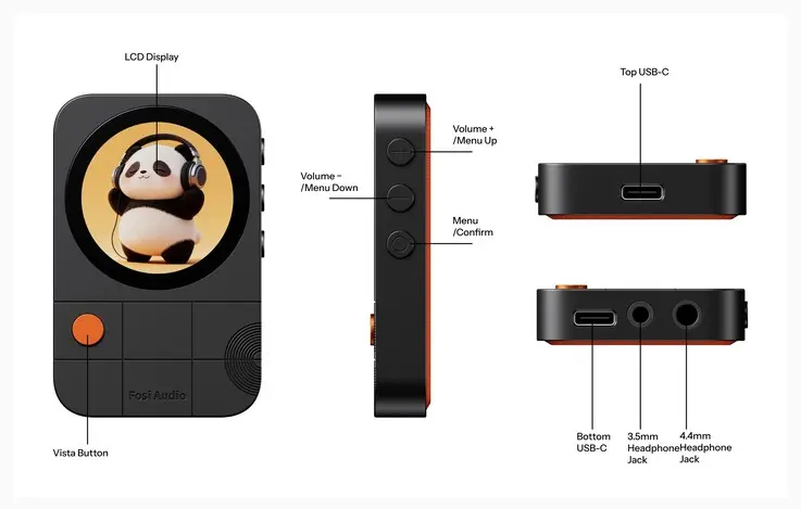 Fosi Audio MD3 MagDac magnetic headphone amplifier with round display and aluminum chassis.