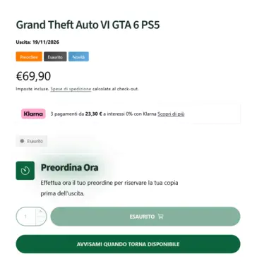 Grand Theft Auto VI pre-orders for PS5 sold out on Italian retailer Showgame shortly after launch date announcement.