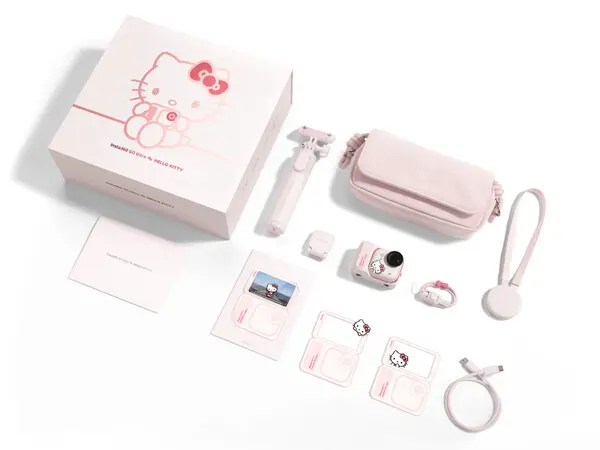 Insta360 Go Ultra Hello Kitty Edition with pink handbag
