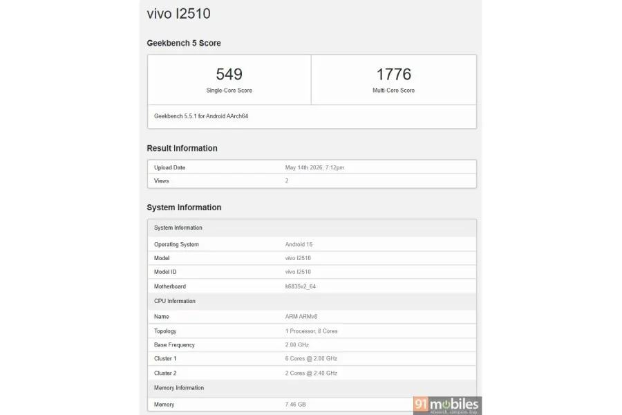 iQOO Z11 Lite Geekbench listing showing processor and RAM details