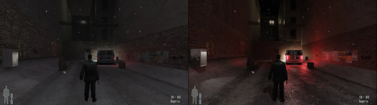 Max Payne RTX Remix Path Tracing Mod comparison showing visual improvements in Prologue and Roscoe Street levels