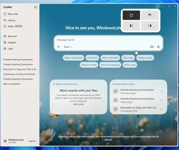 Microsoft Copilot sidebar docking mode on Windows 11