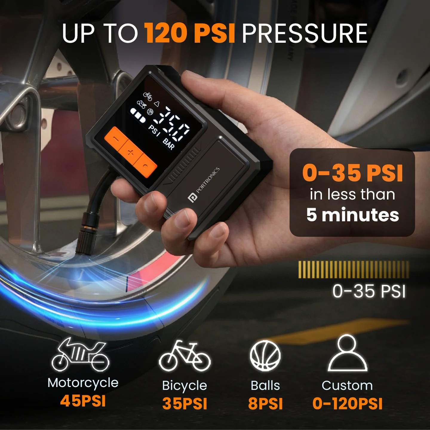Portronics Vayu Nano portable tire inflator with built-in LED light and SOS mode