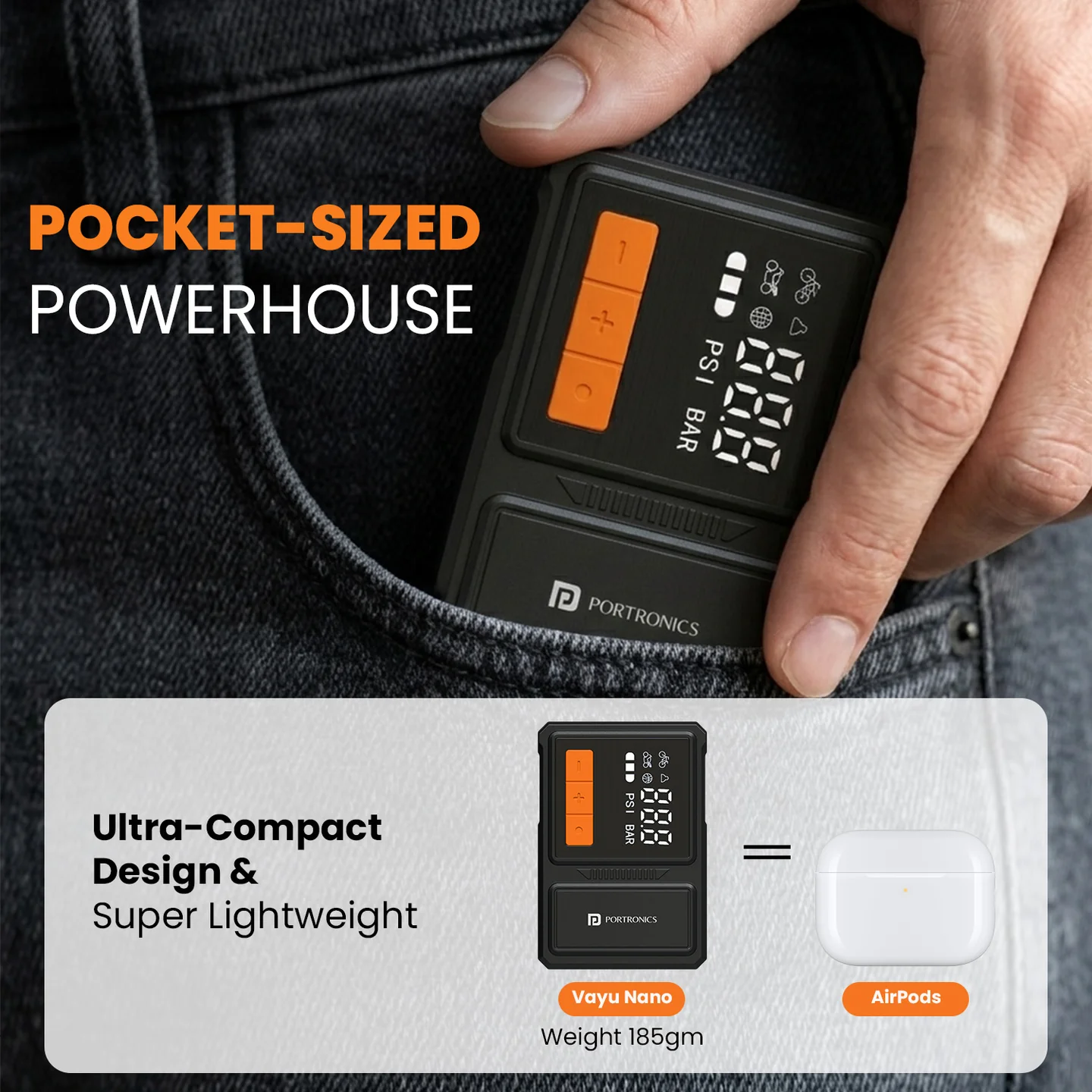 Portronics Vayu Nano digital display showing tire pressure in PSI and BAR units