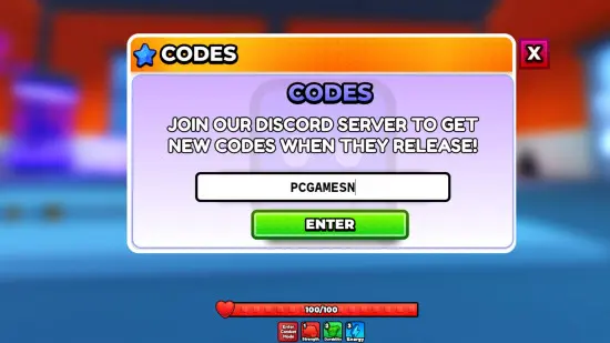 Power Simulator X game interface displaying the active 20KLIKES reward code granting 250 tokens and two aura rerolls.