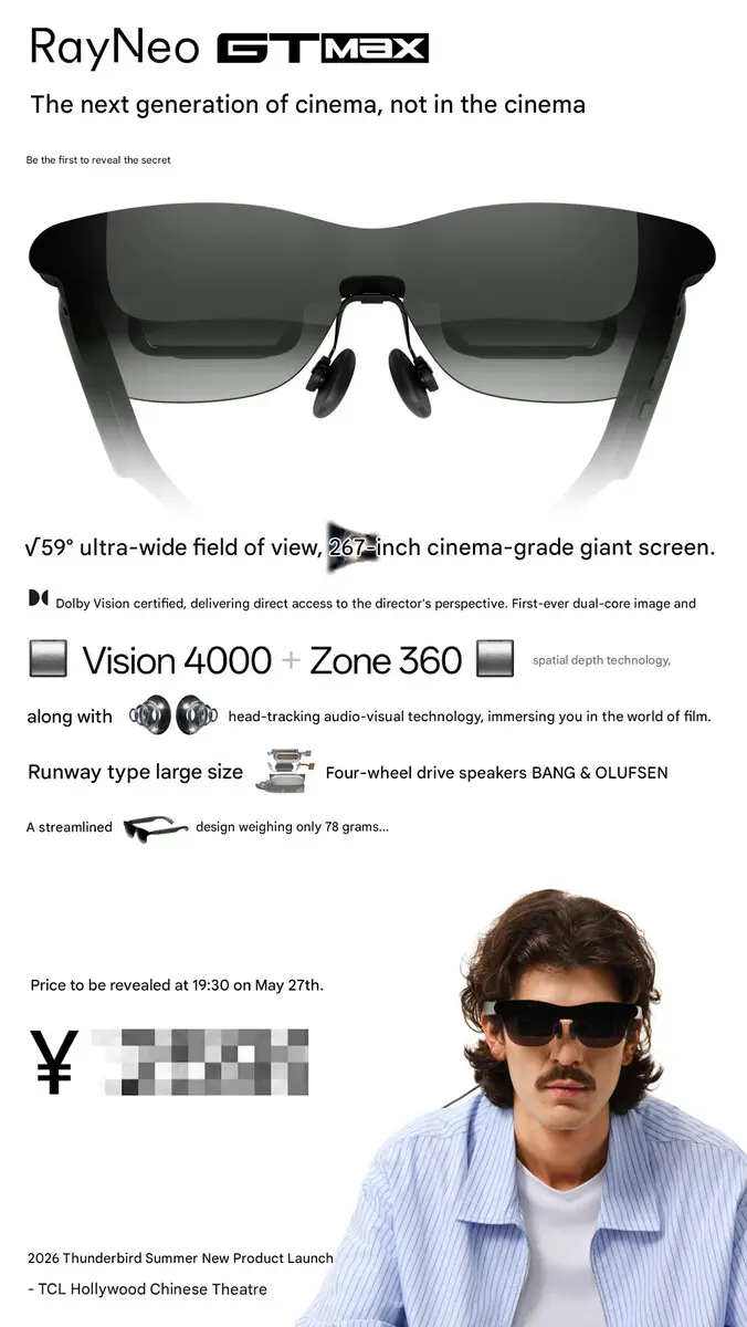 RayNeo GT Max AR smart glasses with Dolby Vision certification and Bang & Olufsen audio