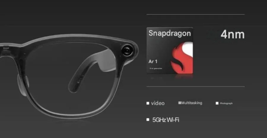 RayNeo V4 AI glasses showing the dual-chip architecture and microphone array