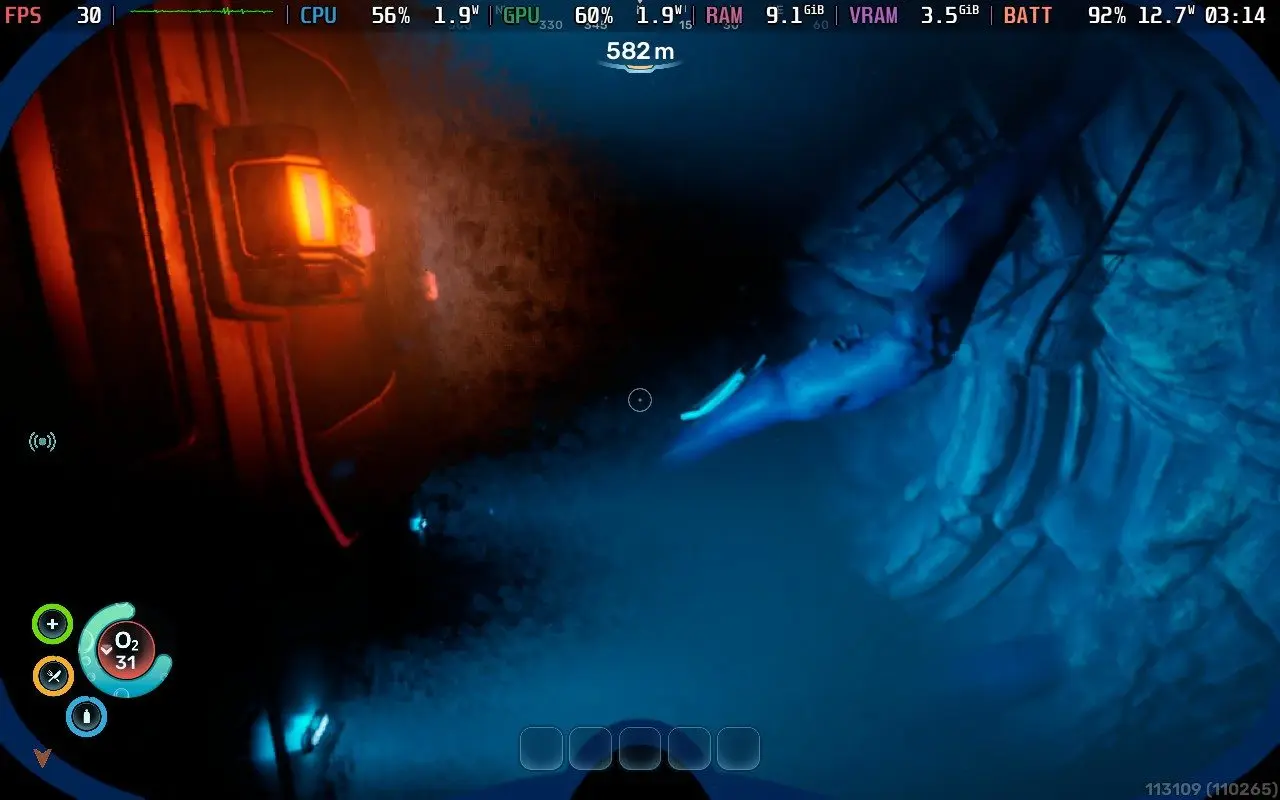Subnautica 2 underwater scene with visual compromises on Steam Deck