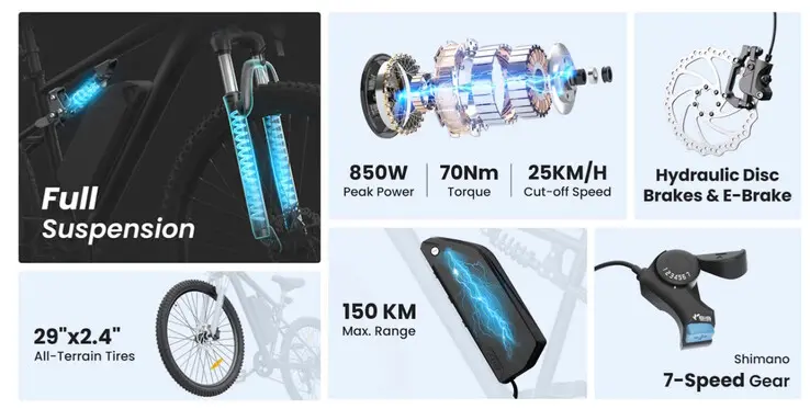 Touroll U3 Pro full-suspension electric mountain bike with 70 Nm hub motor