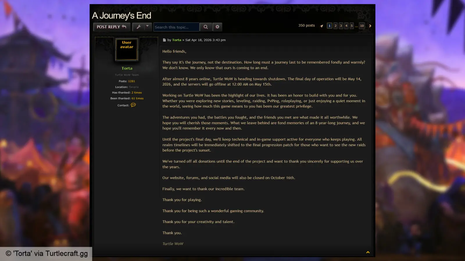 Blizzard statement on Turtle WoW private server shutdown