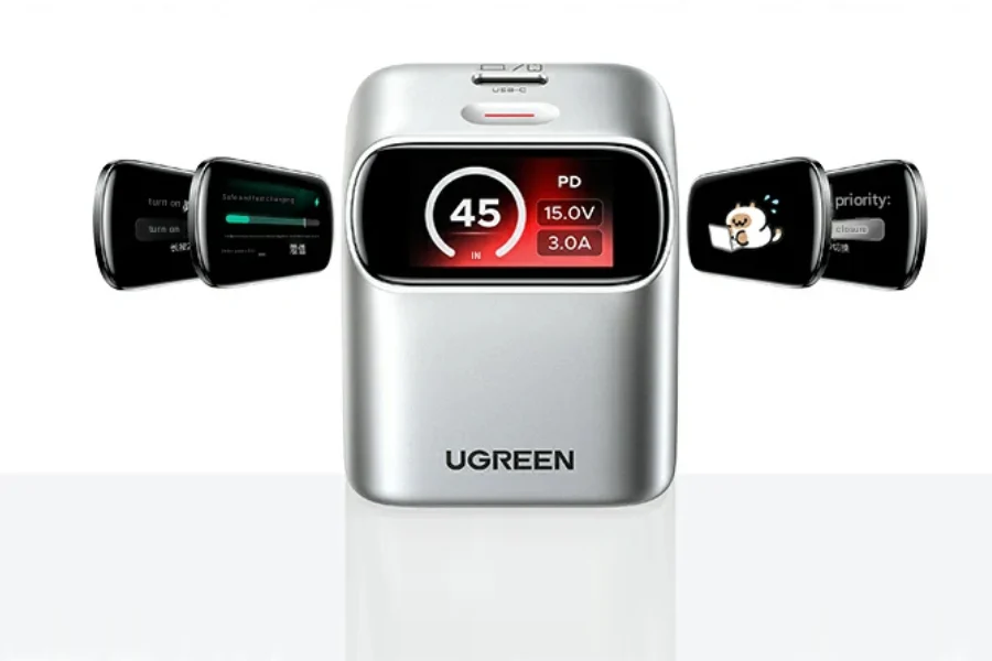 Ugreen 45W USB-C GaN charger with angled display and red base