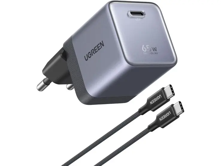 Ugreen Nexode Air 65W Charger in dark gray with braided USB-C cable
