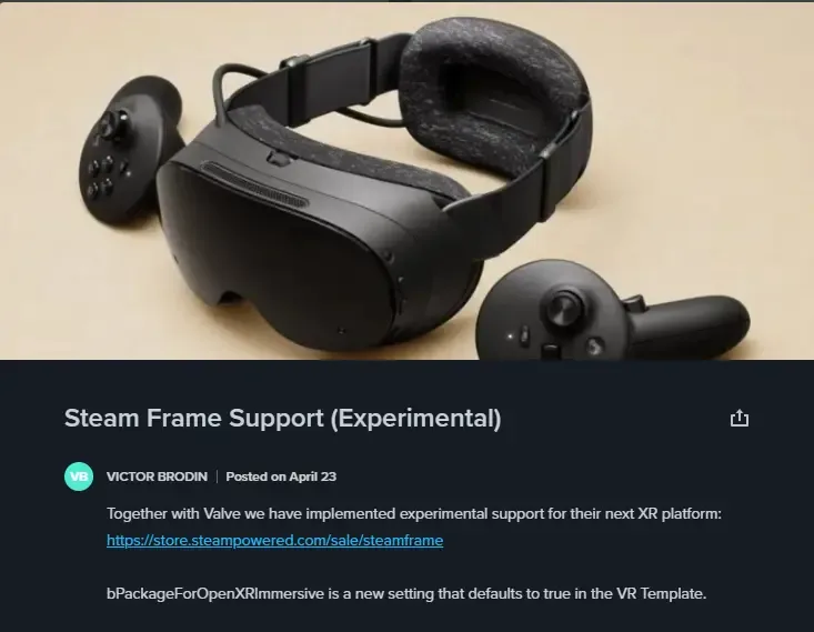Unreal Engine 5.8 adds experimental Steam Frame support