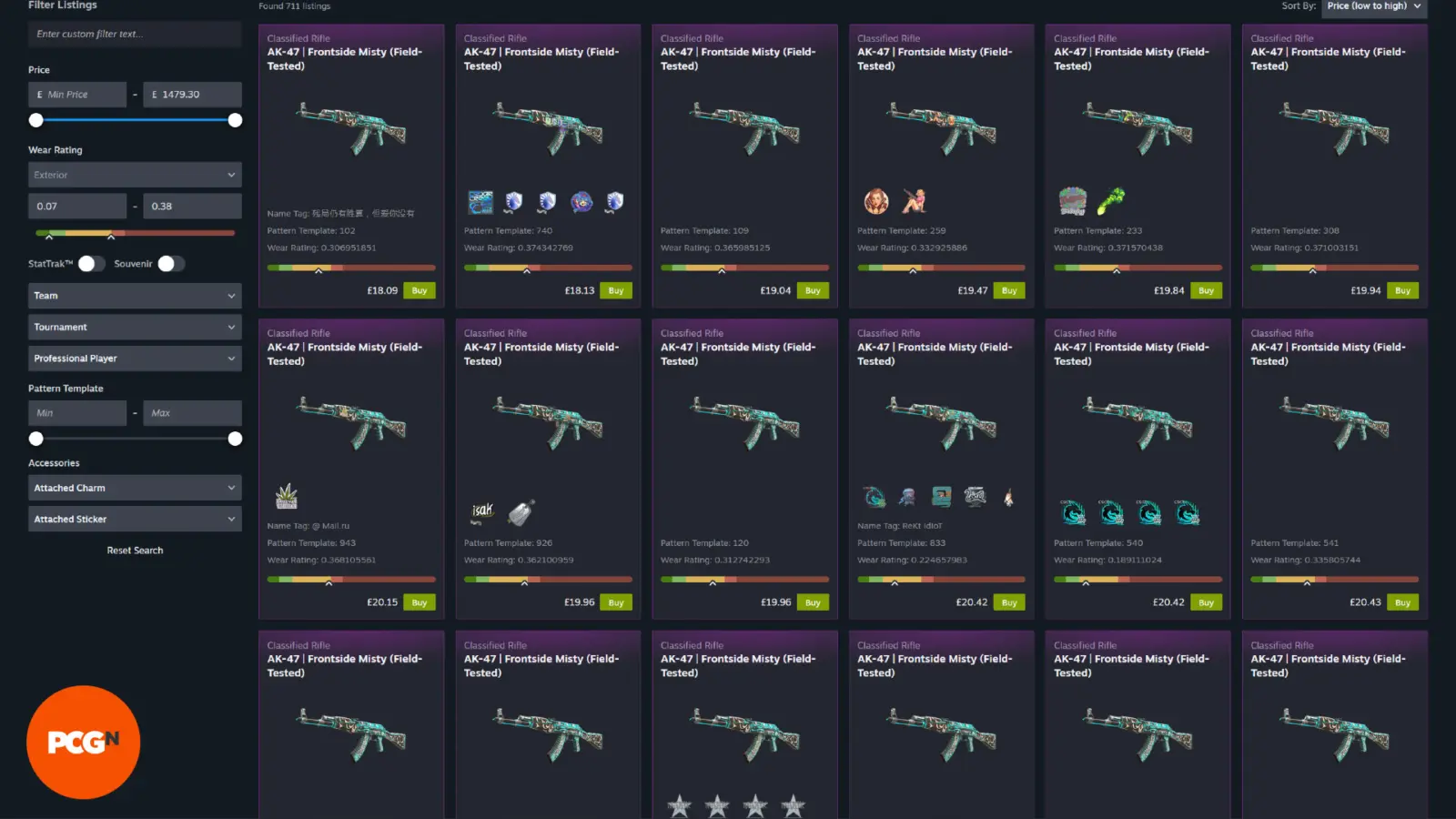 Steam Community Market interface showing detailed item listings with quick-flip capabilities and wear level filters.