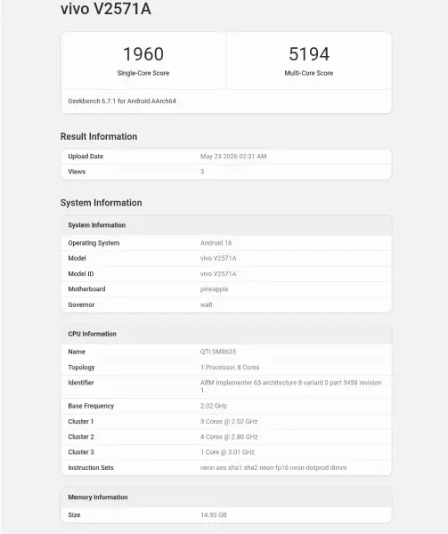 Vivo S60 Geekbench benchmark results showing processor scores