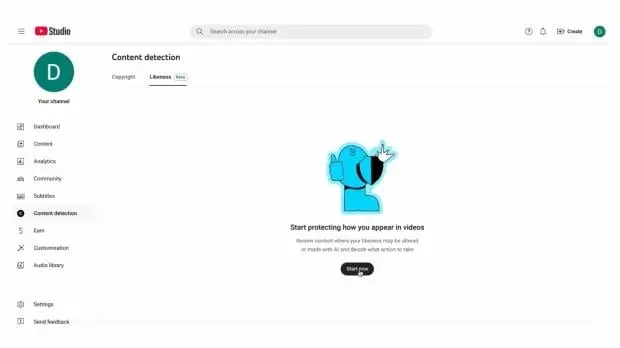 YouTube deepfake detection tool interface showing content detection settings