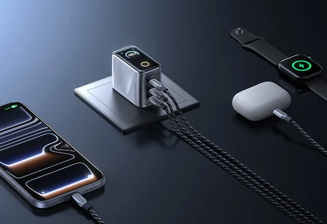 Close-up of Anker charger USB-C ports and Bluetooth connectivity indicator