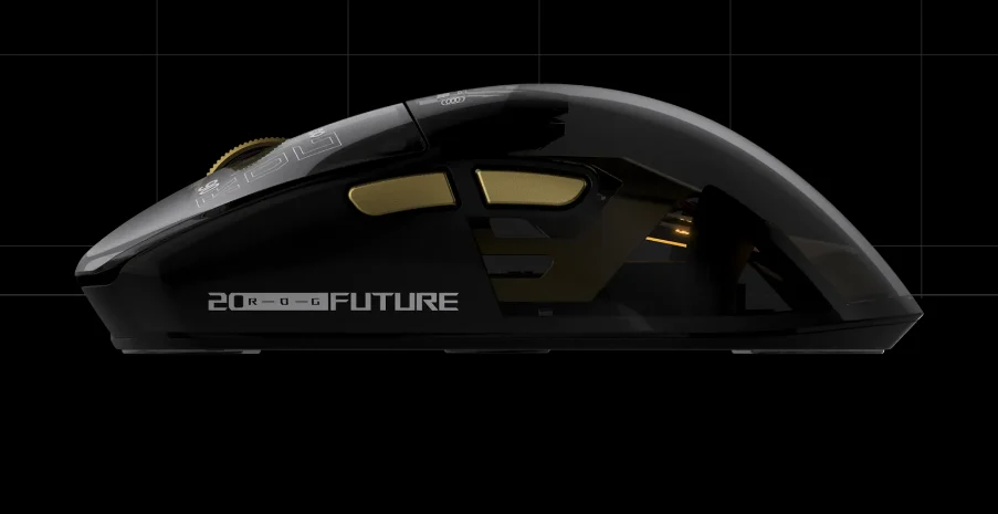 ASUS ROG Harpe II Extreme Edition 20 gaming mouse with gold accents and Gorilla Glass feet