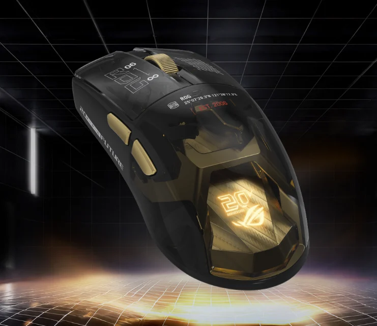 ASUS ROG Harpe II Extreme Edition 20 gaming mouse with gold accents and Gorilla Glass feet