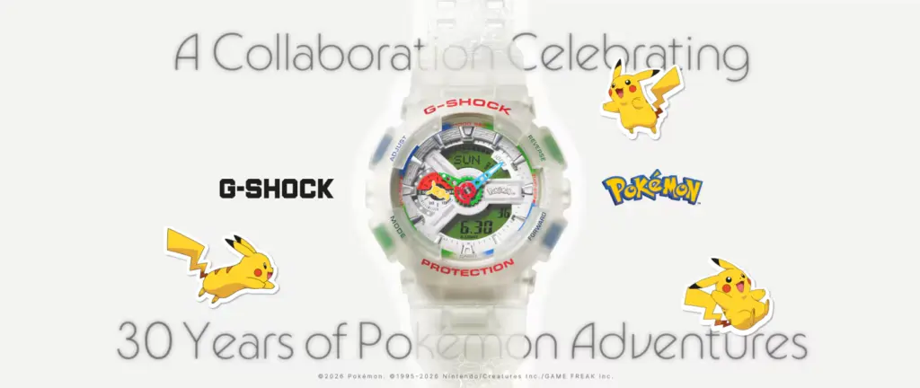 Casio G-Shock GA-110 Pokémon 30th Anniversary watch showing the red, blue, and green color scheme