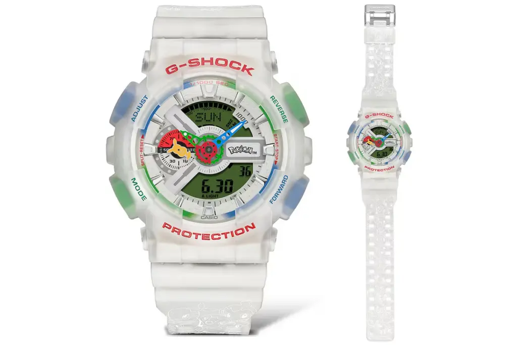 Casio G-Shock GA-110 Pokémon 30th Anniversary watch showing the red, blue, and green color scheme