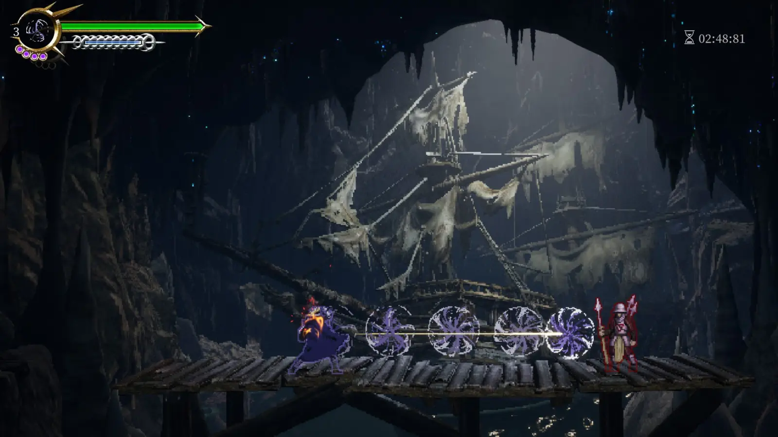 Cresata gameplay screenshot showing 2D pixel art characters in a 3D environment