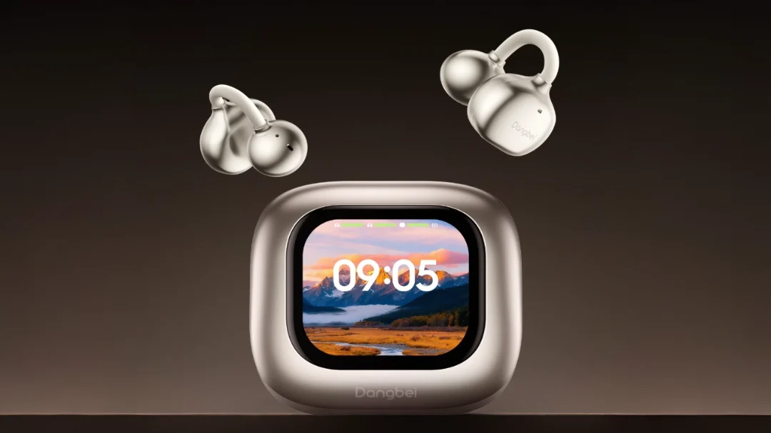 Dangbi Air 1S clip-on earbuds with a large touchscreen charging case