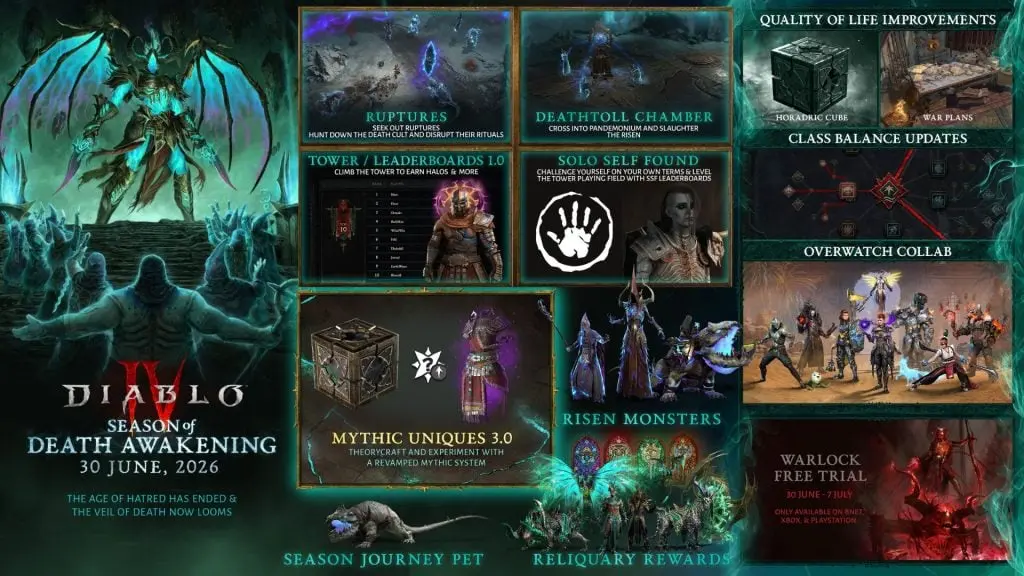 Diablo 4 Season 14 Release Date and Start Times for Death Awakening