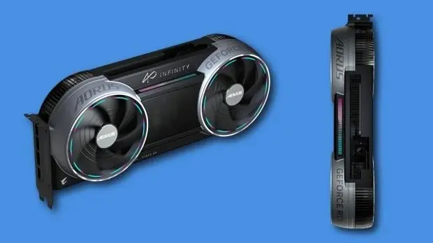 GIGABYTE AORUS GeForce RTX 5090 INFINITY graphics card with quad-slot design and WINDFORCE Hyperburst cooling system