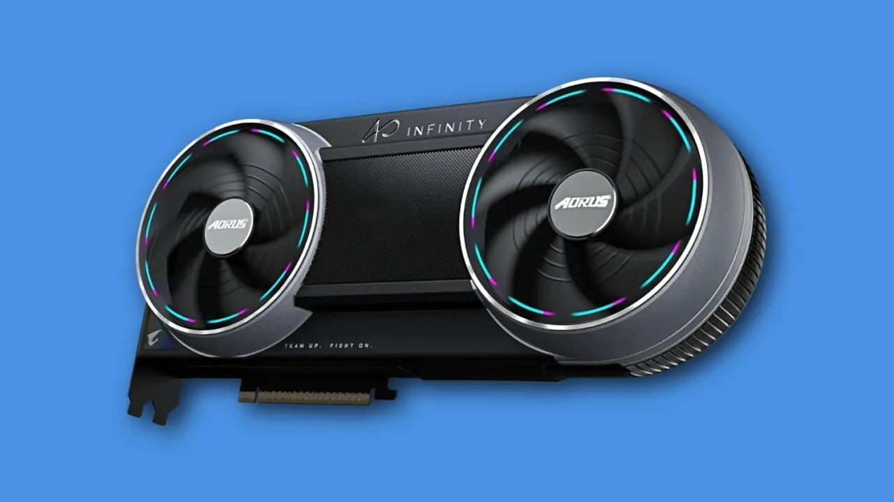 GIGABYTE AORUS GeForce RTX 5090 INFINITY graphics card with quad-slot design and WINDFORCE Hyperburst cooling system