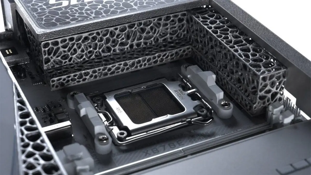 GIGABYTE X870E AORUS Infinity Next motherboard with 3D-printed honeycomb heatsink