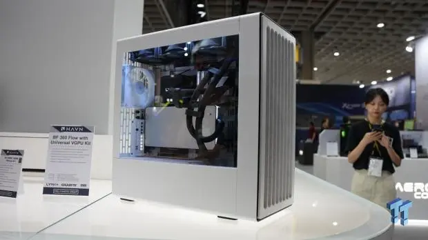 HAVN BF 360 Flow PC case interior showing air-guide ramp and vertical GPU mounting area