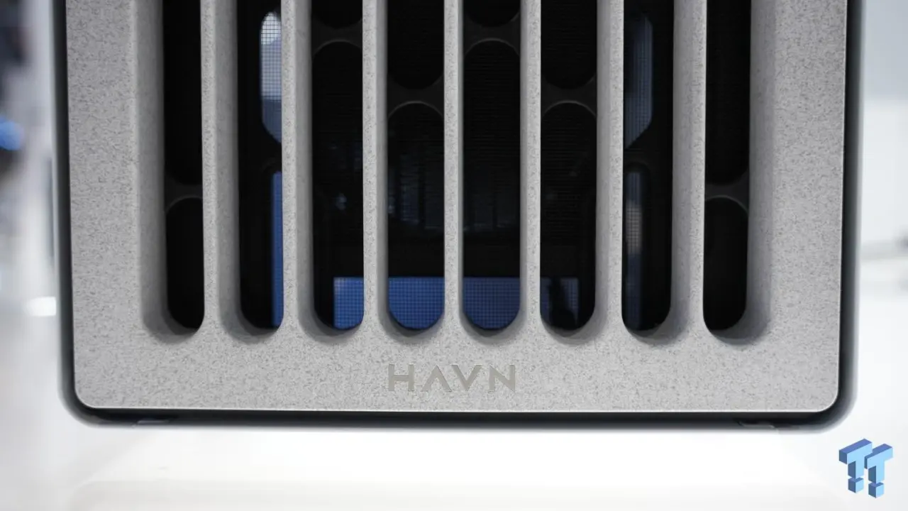 HAVN BF 360 Flow PC case interior showing air-guide ramp and vertical GPU mounting area