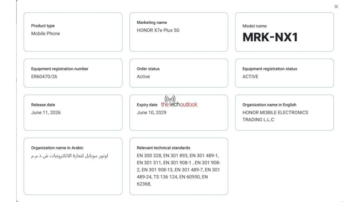 Honor X7e Plus 5G certification listing