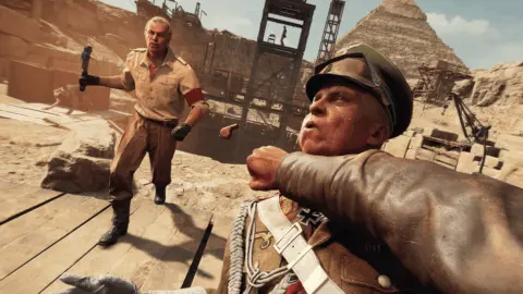 Indiana Jones and the Great Circle gameplay screenshot showing ragdoll physics