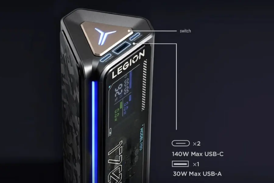 Lenovo Legion PB9 power bank ports and color display