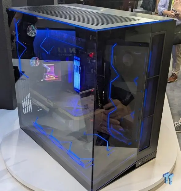 Lian Li O11 EVO RGB V2 chassis side view showing the AIO chamber
