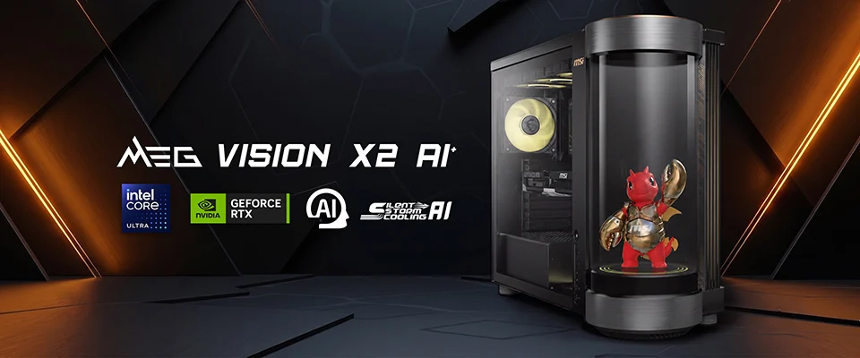 MSI MEG Vision X2 AI+ gaming desktop with holographic AI pet display