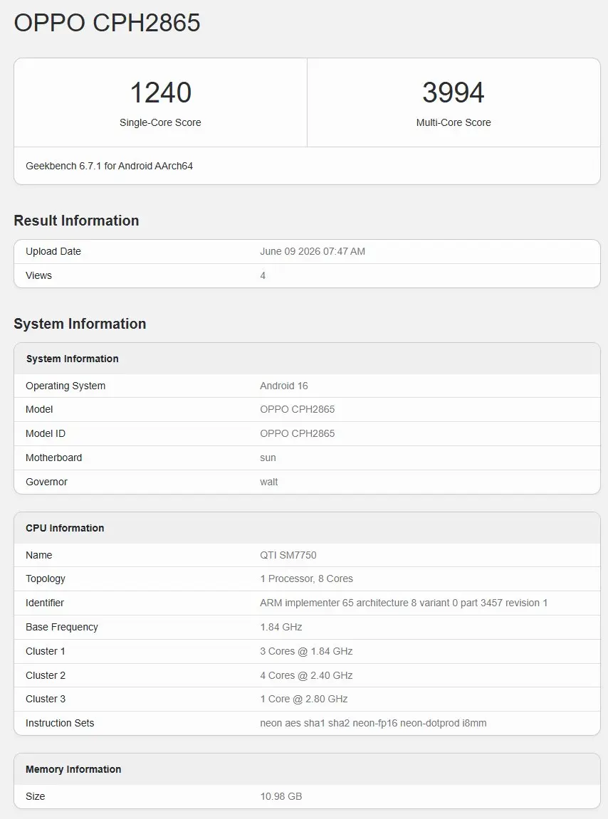 Oppo Reno 16 smartphone model CPH2865 on Geekbench listing