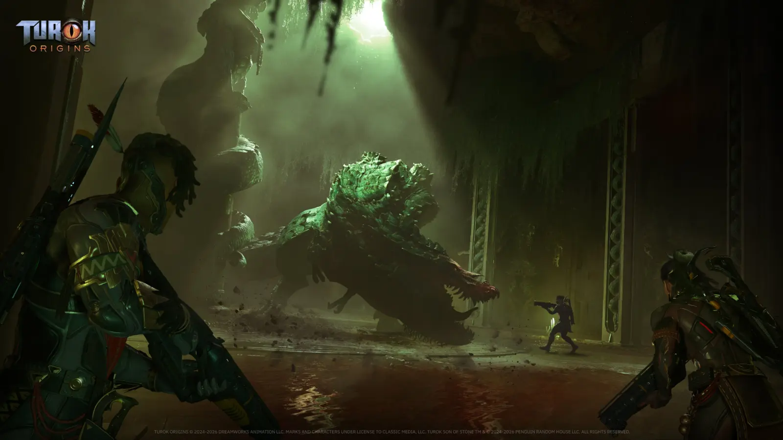 A screenshot from the Turok: Origins demo showing a boss fight against a large reptilian beast