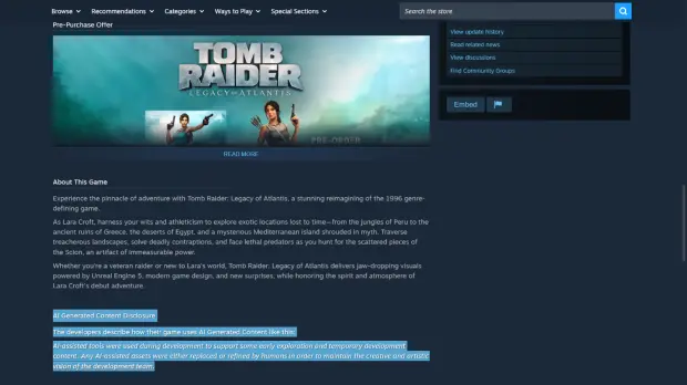Tomb Raider: Legacy of Atlantis Steam page showing AI Generated Content Disclosure