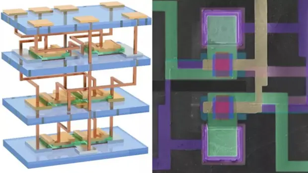 Microscope image of stacked silicon nanomembrane layers