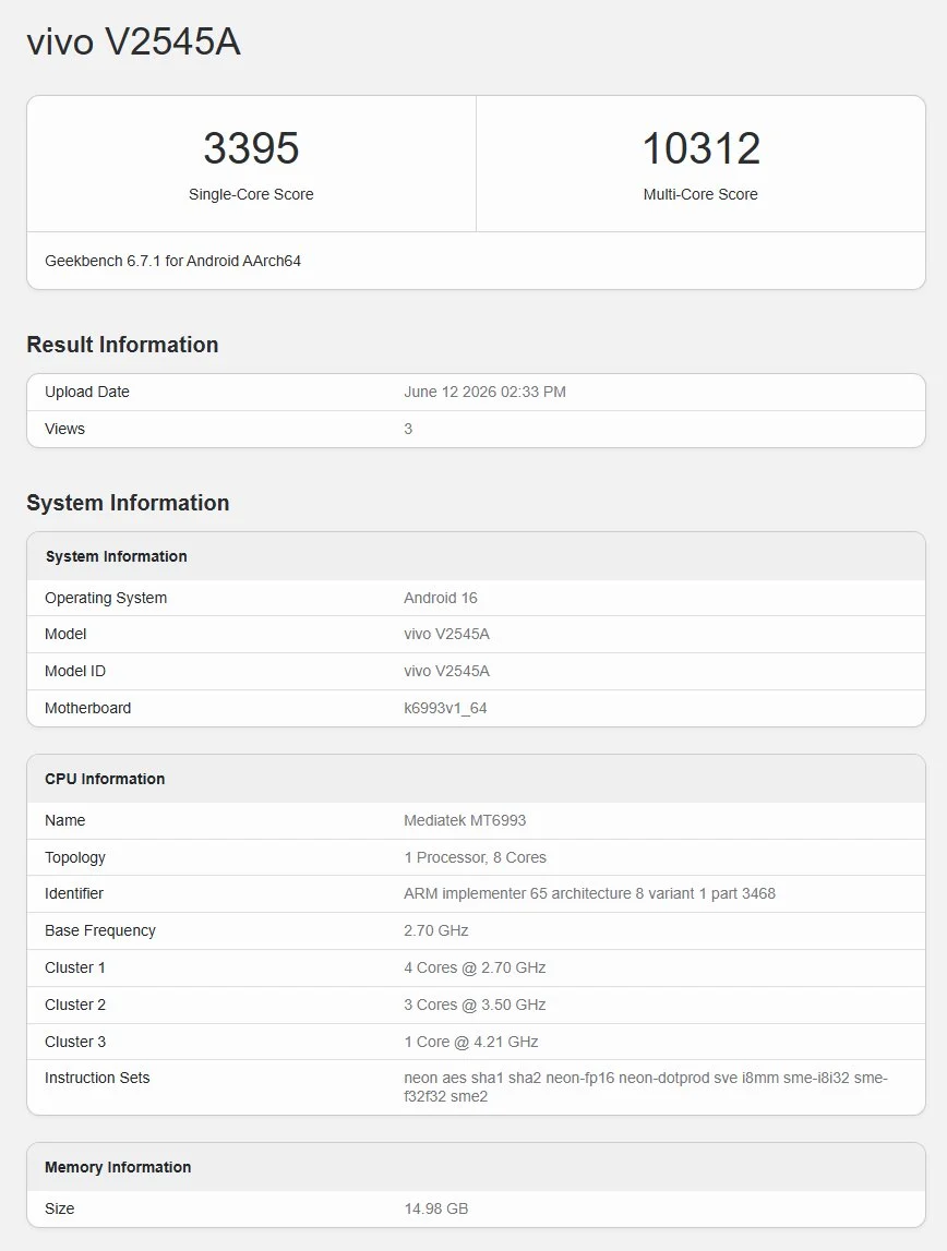 Vivo V2545A Geekbench listing screenshot