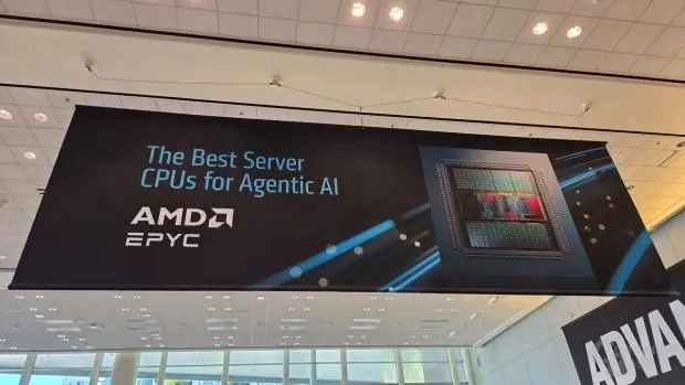 Die shot of AMD EPYC Venice processor on Moscone Center banner